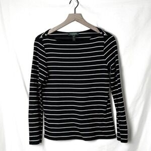 Lauren Ralph Lauren Striped Boat Neck Top Black White Size MP Nautical Staple